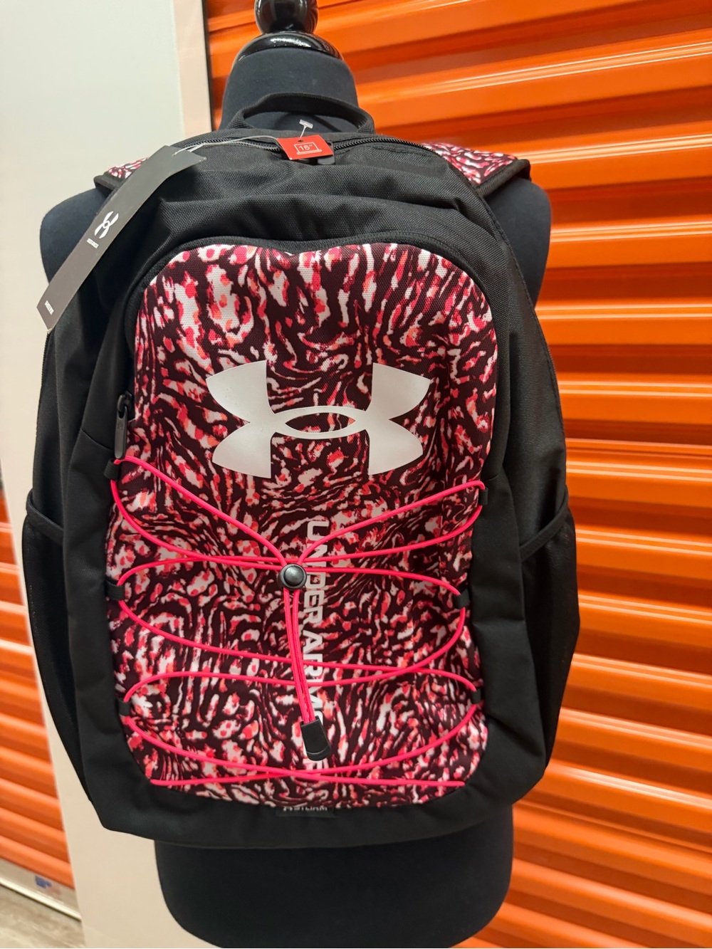 NWT Under Armour Women’s Hustle Sport Pink Black Patterned Backpack